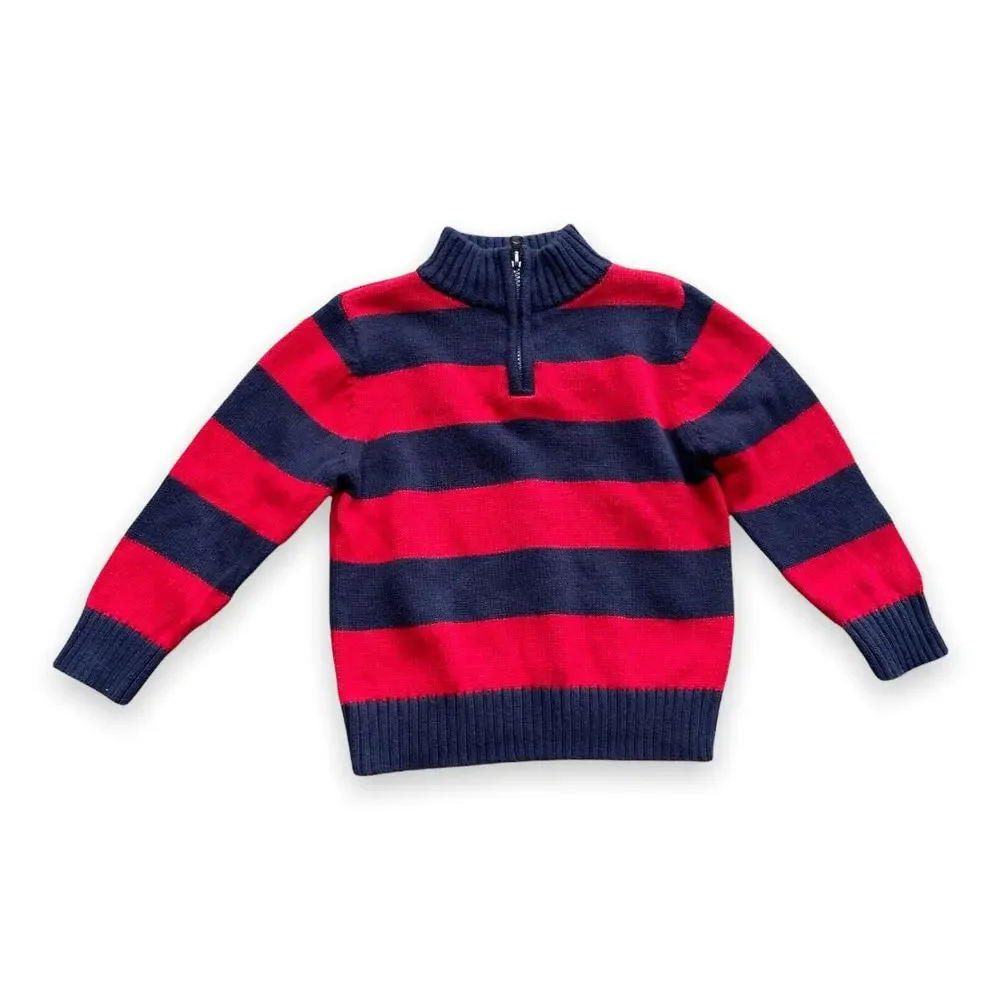 OshKosh b'Gosh‎ Boys Sweater Size 3T Red Navy Blue Striped 1/4 Zip